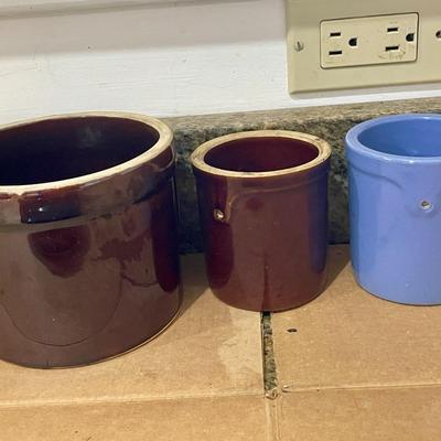 Mixed lot of vintage crocks and a hand-thrown serving bowl