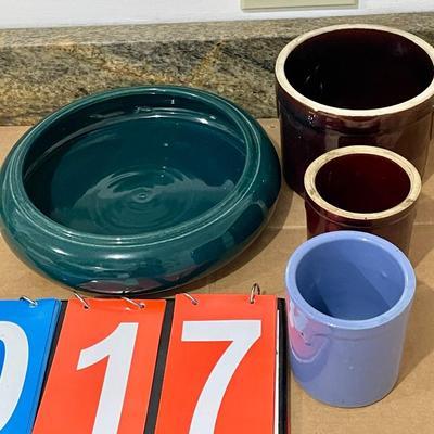 Mixed lot of vintage crocks and a hand-thrown serving bowl