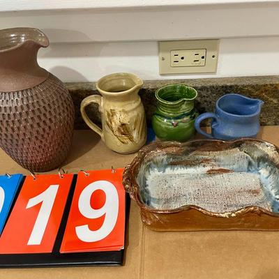 Lot of 4 hand-thrown pottery pitchers & creamers + hand-thrown loaf pan
