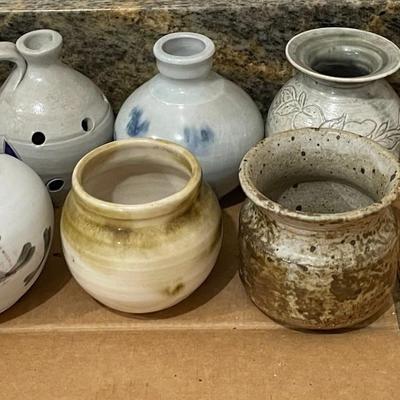 Mixed 14pc hand-thrown pottery bud vases & jars