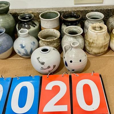 Mixed 14pc hand-thrown pottery bud vases & jars