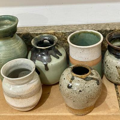 Mixed 14pc hand-thrown pottery bud vases & jars