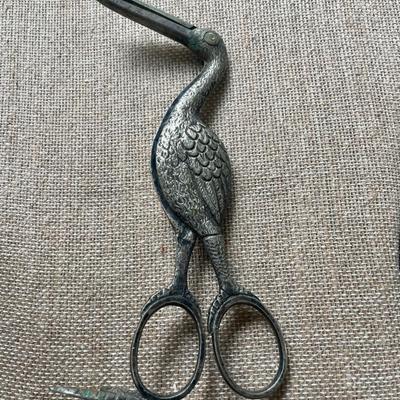 Antique pair silver plated stork umbilical cord scissors