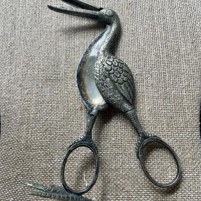 Antique pair silver plated stork umbilical cord scissors