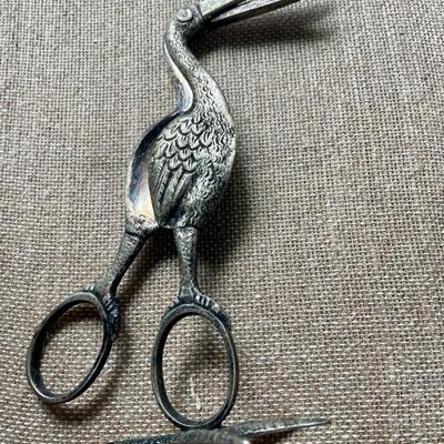 Antique pair silver plated stork umbilical cord scissors