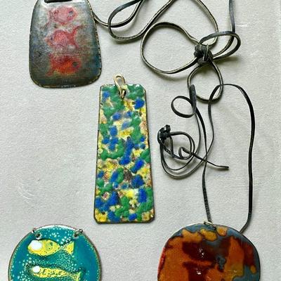 Lot of 4 vintage enameled copper medallion pendant necklaces