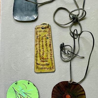 Lot of 4 vintage enameled copper medallion pendant necklaces