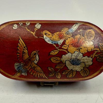 Antique Leather Bound Small Wooden Mahjong Tile Box with Bird & Flowers - no tiles