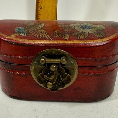 Antique Leather Bound Small Wooden Mahjong Tile Box with Bird & Flowers - no tiles