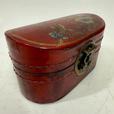 Antique Leather Bound Small Wooden Mahjong Tile Box with Bird & Flowers - no tiles