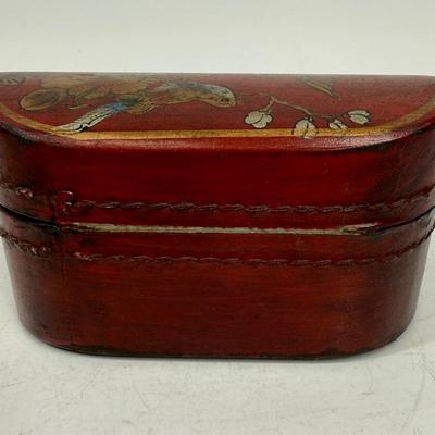 Antique Leather Bound Small Wooden Mahjong Tile Box with Bird & Flowers - no tiles