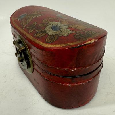 Antique Leather Bound Small Wooden Mahjong Tile Box with Bird & Flowers - no tiles