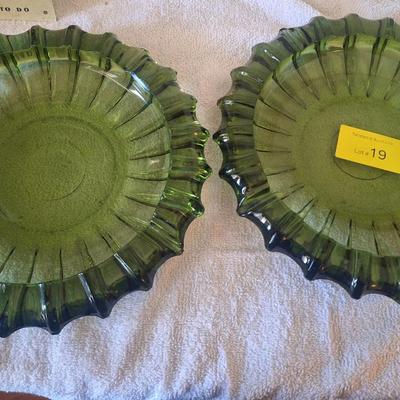 2 large green glass ashtrays