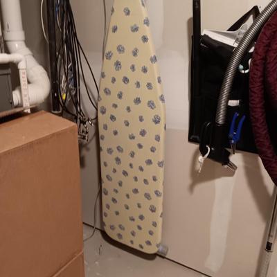 ROWENTA PROFESSIONAL CLOTHES IRON, IRONING BOARD AND A WALL MOUNTED HOLDER