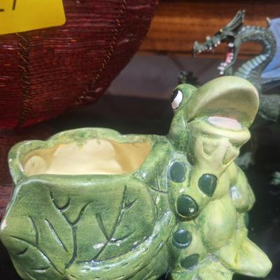 Sale Photo Thumbnail #358: a basket, ceramic or pottery frogs and a plastic dragon