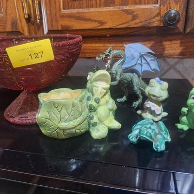 Sale Photo Thumbnail #356: a basket, ceramic or pottery frogs and a plastic dragon