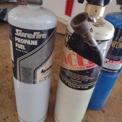 Set of Three Propane Tanks and Pair of Torch Heads