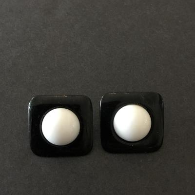 Cool, vintage, metal, black and white square enamel statement earrings very retro
