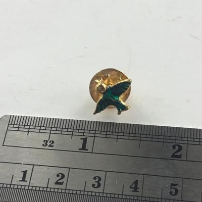 Gold tone green bird vintage push pin