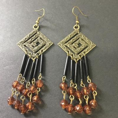 Beautiful BoHo bronze toned, black glass crystal bead, dangle earrings very nice
