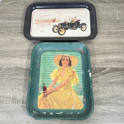 LOT 40H: Vintage/Antique Tin Trays: Painted Coca Cola & 1910 Ford Torpedo