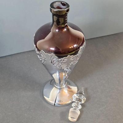 LOT 45K: Antique/Vintage Farber Bros Krome Kraft Amethyst Glass Decanter & 3 Cobalt Blue, Chrome Stem Glasses