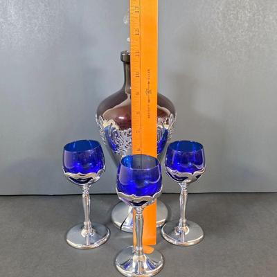 LOT 45K: Antique/Vintage Farber Bros Krome Kraft Amethyst Glass Decanter & 3 Cobalt Blue, Chrome Stem Glasses