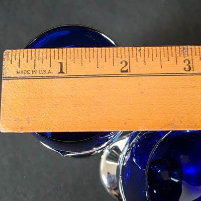 LOT 45K: Antique/Vintage Farber Bros Krome Kraft Amethyst Glass Decanter & 3 Cobalt Blue, Chrome Stem Glasses