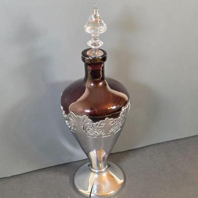LOT 45K: Antique/Vintage Farber Bros Krome Kraft Amethyst Glass Decanter & 3 Cobalt Blue, Chrome Stem Glasses