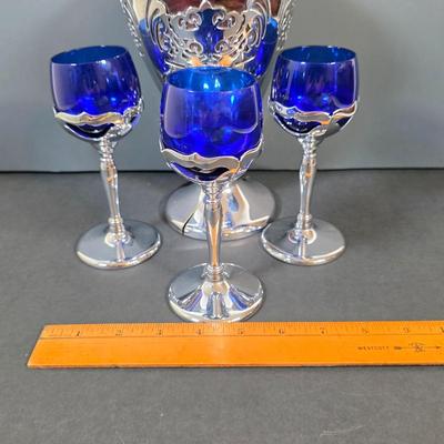 LOT 45K: Antique/Vintage Farber Bros Krome Kraft Amethyst Glass Decanter & 3 Cobalt Blue, Chrome Stem Glasses