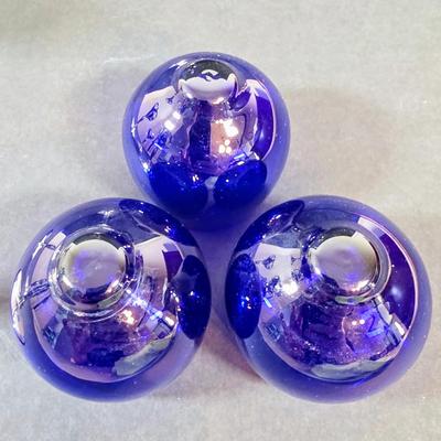 LOT 45K: Antique/Vintage Farber Bros Krome Kraft Amethyst Glass Decanter & 3 Cobalt Blue, Chrome Stem Glasses