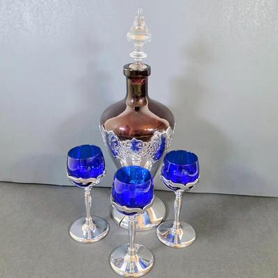 LOT 45K: Antique/Vintage Farber Bros Krome Kraft Amethyst Glass Decanter & 3 Cobalt Blue, Chrome Stem Glasses