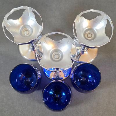 LOT 45K: Antique/Vintage Farber Bros Krome Kraft Amethyst Glass Decanter & 3 Cobalt Blue, Chrome Stem Glasses
