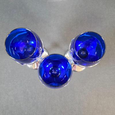 LOT 45K: Antique/Vintage Farber Bros Krome Kraft Amethyst Glass Decanter & 3 Cobalt Blue, Chrome Stem Glasses