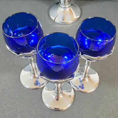 LOT 45K: Antique/Vintage Farber Bros Krome Kraft Amethyst Glass Decanter & 3 Cobalt Blue, Chrome Stem Glasses