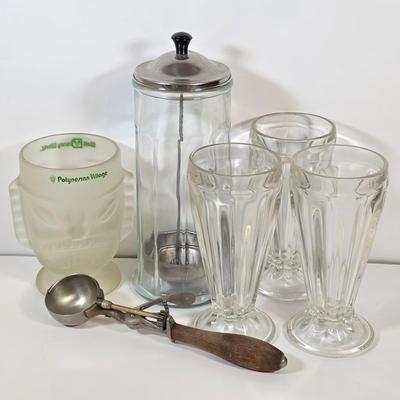LOT 27K: Vintage Soda Fountain Straw Dispenser Along w/3 Soda Fountain Glasses, Wood Handle Ice Cream Scooper & Walt Disney World -...