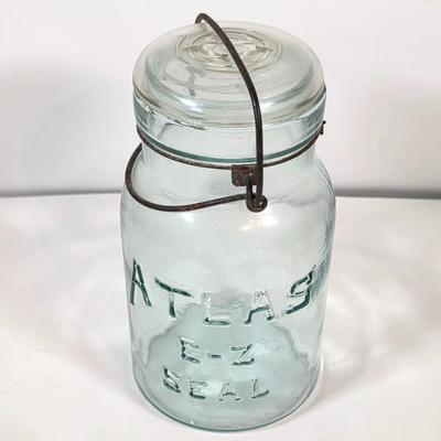 LOT 48K: Antique/Vintage Universal Landers, Frary & Clark Electric Toaster W/3 Wire Bail Closure Blue-Green Glass Canning Jars