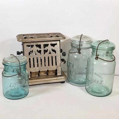 LOT 48K: Antique/Vintage Universal Landers, Frary & Clark Electric Toaster W/3 Wire Bail Closure Blue-Green Glass Canning Jars