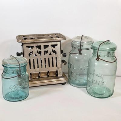 LOT 48K: Antique/Vintage Universal Landers, Frary & Clark Electric Toaster W/3 Wire Bail Closure Blue-Green Glass Canning Jars