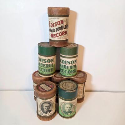 LOT 52K: Antique Thomas Edison Company Phonograph Cylinder Records, 8 Containers W/7 Four-Minute Phonograph Cylinder Records