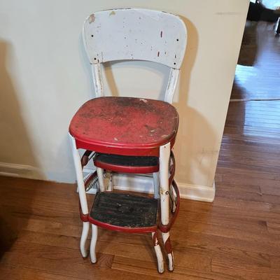 LOT 60D: Vintage Cosco Red & White Metal Step/Stool Chair