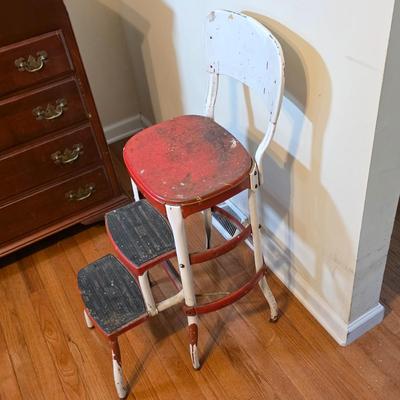 LOT 60D: Vintage Cosco Red & White Metal Step/Stool Chair
