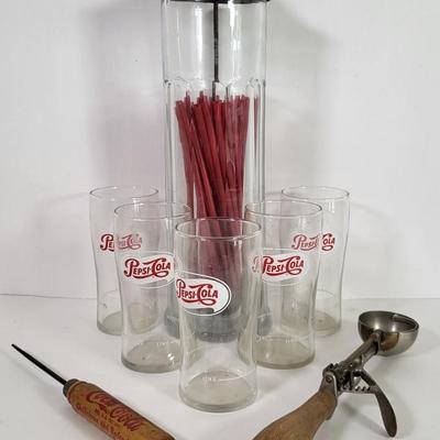 LOT 63K: Vintage Lot of Five Pepsi-Cola Glasses and Straw Dispenser, with Wooden Handle Ice Cream Scoop and Wooden Coca-Cola Ice Pick