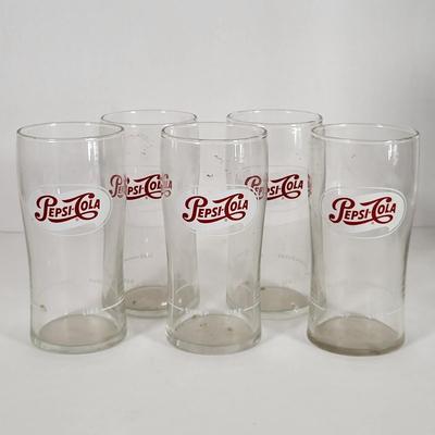 LOT 63K: Vintage Lot of Five Pepsi-Cola Glasses and Straw Dispenser, with Wooden Handle Ice Cream Scoop and Wooden Coca-Cola Ice Pick