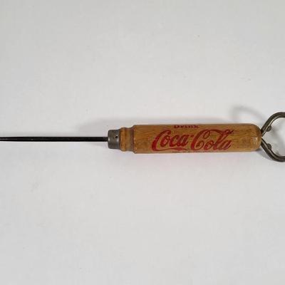LOT 63K: Vintage Lot of Five Pepsi-Cola Glasses and Straw Dispenser, with Wooden Handle Ice Cream Scoop and Wooden Coca-Cola Ice Pick
