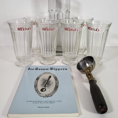 LOT 64K: Vintage Lot of Nestlé Glasses and Glass Vase, with Ice Cream Scoop and Ice Cream Dipper Booklet