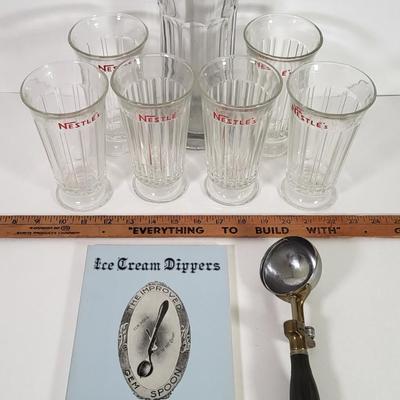 LOT 64K: Vintage Lot of Nestlé Glasses and Glass Vase, with Ice Cream Scoop and Ice Cream Dipper Booklet