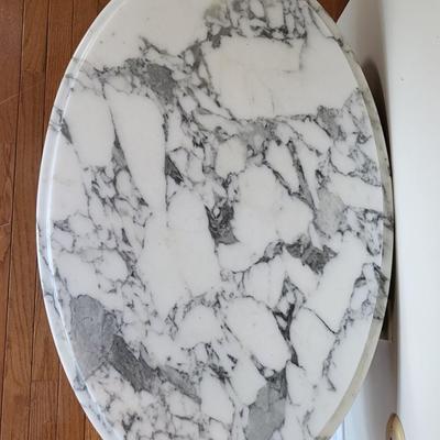 LOT 73F: Modern Oval Marble Top Coffee Table with Carved Wooden Base