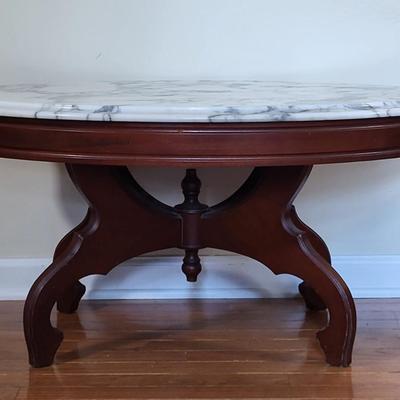 LOT 73F: Modern Oval Marble Top Coffee Table with Carved Wooden Base