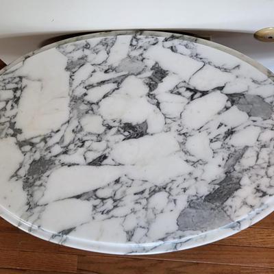 LOT 73F: Modern Oval Marble Top Coffee Table with Carved Wooden Base